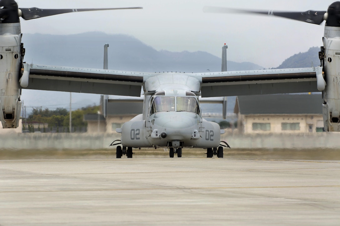 A Marine Corps MV-22 Osprey aircraft prepares to take off from Marine Corps Air Station Iwakuni, Japan, April 18, 2016. Marine Corps photo by Cpl. Nathan Wicks