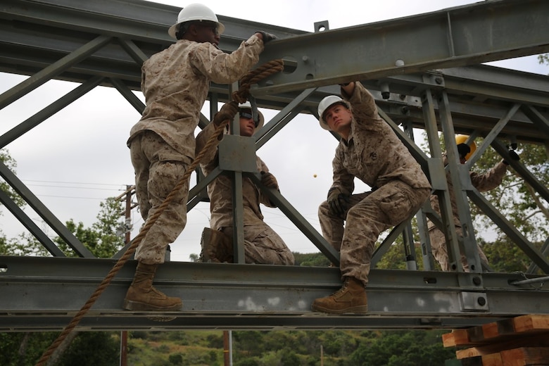 MARINE CORPS BASE CAMP PENDLETON, Calif. – Combat engineers with 7th Engineer Support Battalion, I Marine Logistics Group, guide a transom during bridge construction on Camp Talega at Camp Pendleton April 13, 2016. The combat engineers worked in conjunction with heavy equipment operators to construct the bridge. (U.S. Marine Corps photo by Lance Cpl. Shellie Hall/Released)