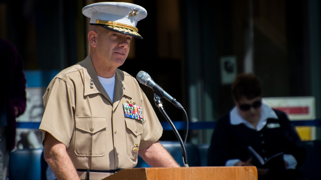 Lt. Gen. David H. Berger, commanding general of I Marine Expeditionary Force, speaks at the 25th Annual Blessing of the Fleets ceremony at U.S. Navy Memorial in Washington, April 16. This time honored ritual is intended to safeguard crews and ships from the danger of the seas through a blessing given by a clergyman at the water’s edge. During the ceremony, sailors from the U.S. Navy’s Ceremonial Guard and Marines from the U.S. Marine Barracks, Washington, DC, proceeded across the outdoor plaza’s “Granite Sea” and poured water from the Seven Seas and Great Lakes into the surrounding fountains, “charging” them to life and welcoming the spring season. 
