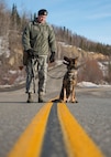 U.S. Staff Sgt. Barret Chappelle, a 354th Security Forces military working dog (MWD) handler, works with MWD Cage at Eielson Air Force Base, Alaska, March 7, 2016. Military working dogs and handlers create a special bond and relationship, which benefits them at home station and when deployed around the world supporting combatant commanders. (U.S. Air Force photo by Staff Sgt. Shawn Nickel/Released)