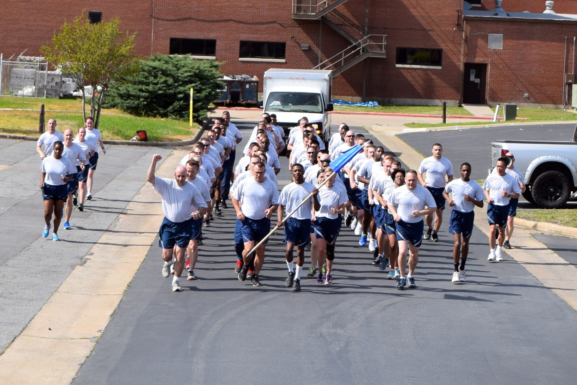 Members of the 913th Maintenance Squadron run in formation for a ‘Fun Run’ during the Unit Assembly Training weekend at Little Rock Air Force Base, Ark., Apr. 9, 2016. The 1.5 mile run was conducted to build morale and esprit de corps within the squadron. (Courtesy photo)