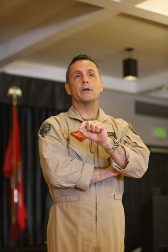 Maj. Gen. Michael Rocco, commanding general of the 3rd Marine Aircraft Wing, addresses volunteers at the volunteer appreciation ceremony aboard MCAS Miramar, Calif., April 14. The ceremony is held each year during National Volunteer Appreciation Week to acknowledge the contributions volunteers make to the MCAS Miramar and San Diego communities. (U.S Marine Corps photo by Pfc. Liah Kitchen/ Released)