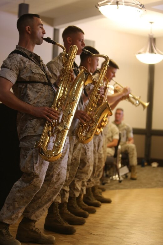 Marines with the 3rd Marine Aircraft Wing Band perform during the volunteer appreciation ceremony aboard MCAS Miramar, Calif., April 14. The ceremony is held each year during National Volunteer Appreciation Week to acknowledge the contributions volunteers make to the MCAS Miramar and San Diego communities. (U.S Marine Corps photo by Pfc. Liah Kitchen/ Released)