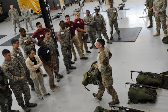 Tech. Sgt. Timothy, 334th Training Squadron combat control instructor, briefs Air Force ROTC cadets on Keesler’s battlefield Airmen training at Matero Hall during Pathways to Blue April 15, 2016, Keesler Air Force Base, Miss. Pathways to Blue, a diversity outreach event hosted by 2nd Air Force, the 81st Training Wing and the 403rd Wing, included more than 180 cadets from Air Force ROTC detachments from various colleges and universities. Cadets received hands-on briefings on technical and flying operations and an orientation flight in support of the Air Force's Diversity Strategic Roadmap program. (U.S. Air Force photo by Kemberly Groue)
