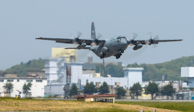 A U.S. Air Force C-130 Hercules takes off from Yokota Air Base, Japan, April 18, 2016. The 374th Airlift Wing sent two aircraft in support of the Government of Japan in their relief efforts for the series of earthquakes that took place in the Kyushu region recently. The aircraft transported heavy vehicles and personnel from Chitose Air Base, Hokkaido to Kyushu. (U.S. Air Force photo by Airman 1st Class Elizabeth Baker/Released)