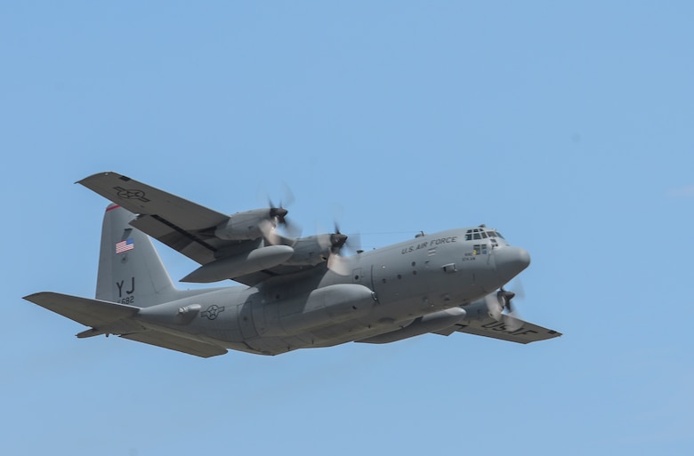 A U.S. Air Force C-130 Hercules takes off from Yokota Air Base, Japan, April 18, 2016. The 374th Airlift Wing sent two aircraft in support of the Government of Japan in their relief efforts for the series of earthquakes that took place in the Kyushu region recently. The aircraft transported heavy vehicles and personnel from Chitose Air Base, Hokkaido to Kyushu. (U.S. Air Force photo by Airman 1st Class Elizabeth Baker/Released)