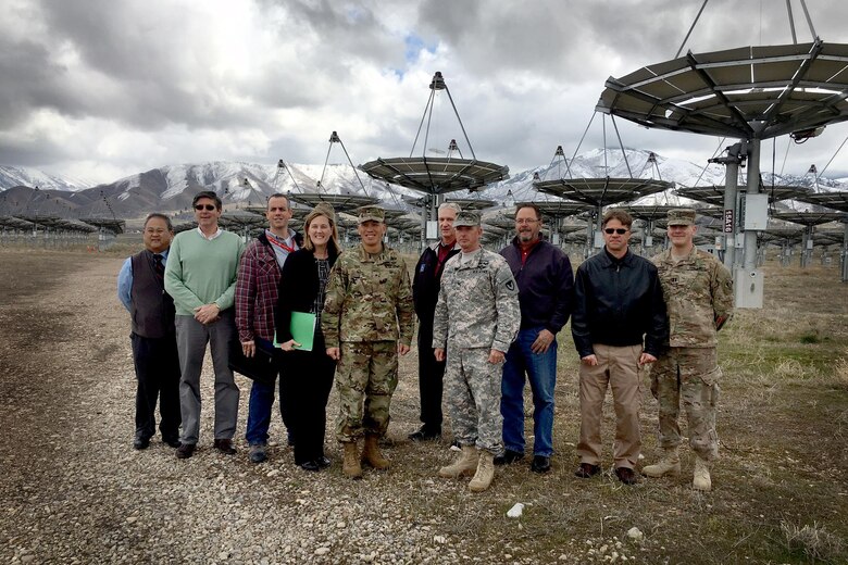 U.S. Army Corps of Engineers South Pacific Division commander, Brig. Gen. Mark Toy and Sacramento District staff gather under the Solar Array at Tooele Army Depot for a group photo during a three-day tour March 29-31, 2016, of project sites throughout the states of Utah. Toy saw the Facilities Sustainment, Restoration and Modernization program up close at the depot’s $9.6 million solar array that will bring the installation to net-zero energy consumption. (U.S. Army photos / Released)