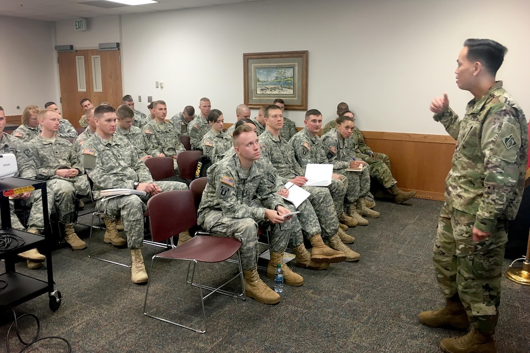 U.S. Army Corps of Engineers South Pacific Division commander, Brig. Gen. Mark Toy speaks to Brigham Young University cadets about leadership during a three-day tour March 29-31, 2016, of project sites throughout the states of Utah. Toy also met with six junior officers stationed at Fort Carson, Colorado and appeared as a guest speaker at the 299th Brigade Engineer Battalion Dining Out event. (U.S. Army photos / Released)