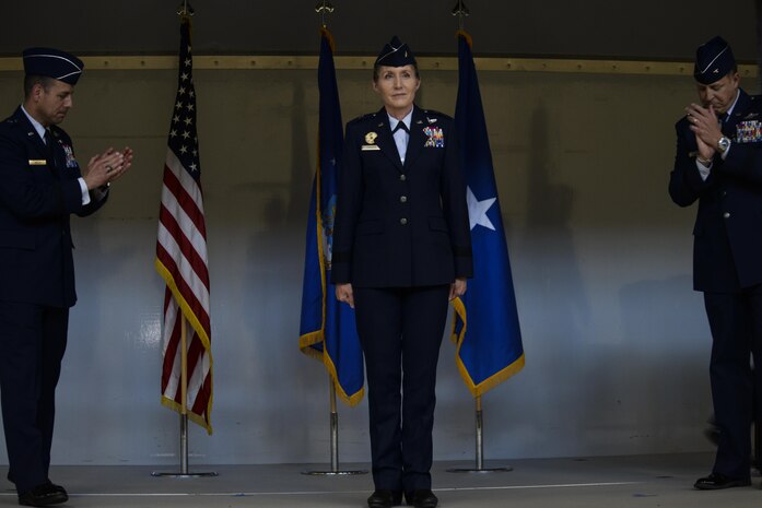 Brig. Gen. Jeannie M. Leavitt stands at attention after assuming command of the 57th Wing during the change of command ceremony at the Strike Aircraft Maintenance at Nellis Air Force Base, Nev., April 16, 2016. Leavitt, a command pilot with more than 3,000 flight hours, including 300 combat hours, is coming from the Pentagon where she served as the principal military assistant to the Secretary of Defense. (U.S. Air Force photo by Airman 1st Class Kevin Tanenbaum)