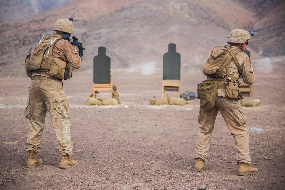 DJIBOUTI, Africa (Apr. 14, 2016)- U.S. Marines with the 13th Marine Expeditionary Unit engage targets on a live fire range in Djibouti, Africa, Apr. 14, 2016. The 13th MEU is conducting sustainment training to maintain proficiency and combat readiness as part of the Boxer Amphibious Ready Group team on a scheduled deployment to the Western Pacific area of operations. (U.S. Marine Corps photo by 1stLt Francheska Soto/ RELEASED)