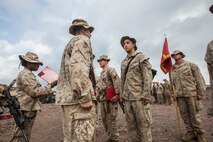 U.S. Marines with Battery B, Battalion Landing Team 2nd Battalion, 1st Marine Regiment, 13th Marine Expeditionary Unit make time to award the Marines who've earned it in Djibouti, Africa, Apr. 11, 2016.(U.S. Marine Corps photo by Cpl. Alvin Pujols/RELEASED)