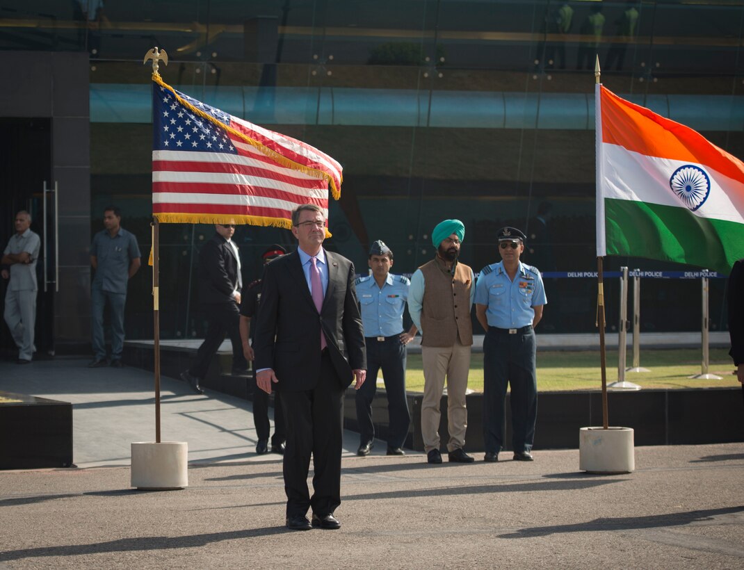 The Secretary of Defense, Ash Carter, attends a repatriation ceremony hosted by the Defense POW/MIA Accounting Agency (DPAA), for unknown service members in New Delhi, India, Apr. 14, 2016. The remains of these unknown heroes recovered from various regions in India will undergo an examination for possible identification at DPAA. DPAA's mission is to provide the fullest possible accounting for our missing personnel to their families and the nation. (DoD photo by MC2 Aiyana Paschal/RELEASED)