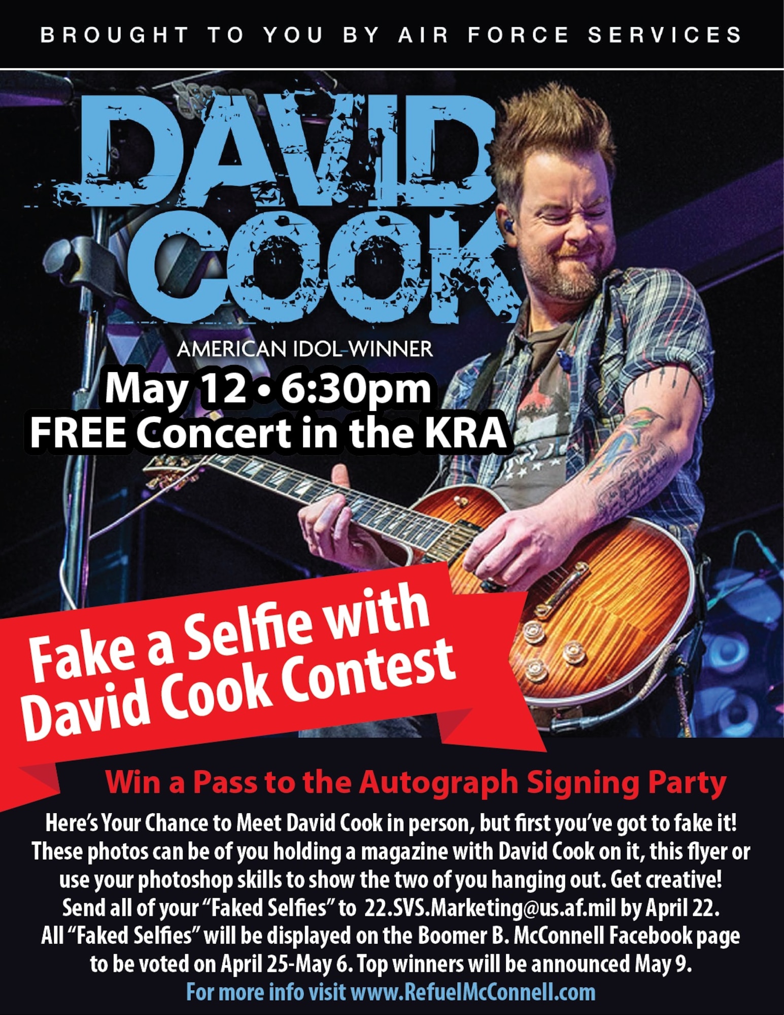 David Cook, the winner of American Idol Season 7, will perform a free concert for the McConnell community at the Krueger Recreation Center, May 12, 2016. McConnell will be the first of 17 military installations during Cooks tour from May to September. (Courtesy illustration)