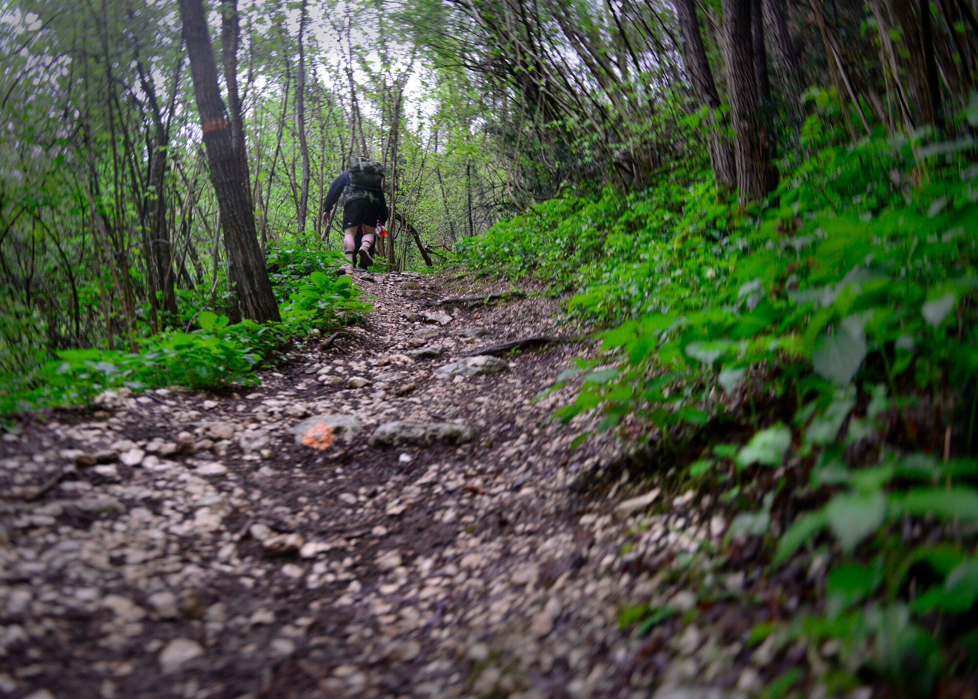 Airmen from the 31st Security Forces Squadron hike up a hill along the Il Santuario Diocesano Madonna del Monte church trails during a ruck march, April 14, 2016, in Costa di Aviano, Italy. The ruck march was organized to remember four OSI and two Security Forces members who died in a December, 2015, attack in Afghanistan. (U.S. photo by Airman 1st Class Cary Smith/Released)