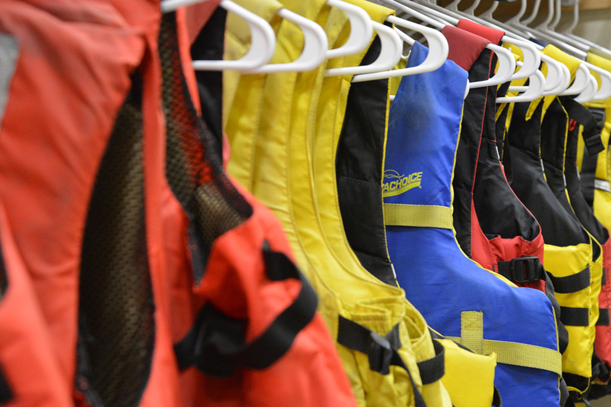 Life jackets are just some of the many items available to fulfill most adventurers’ needs, offered at the Joint Base Elmendorf-Richardson Outdoor Recreation Center. The ORC will see two smaller motor homes, fishing equipment, and travel trailers join their inventory list this year. (U.S. Air Force Photo by Airman 1st Class Javier Alvarez)