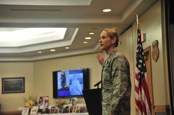 U.S. Air Force Maj. Kellie Courtland, the 509th Logistics Readiness Squadron commander, delivers a speech about the progression of women in the military during the Women’s History Breakfast at Whiteman Air Force Base, Mo., March 30, 2016. The breakfast followed the Women’s History Month theme, which was “Working for a More Perfect Union.” (U.S. Air Force photo by Senior Airman Jovan Banks)