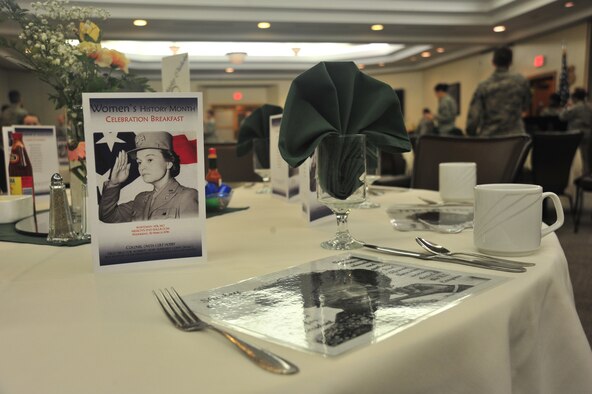 A table setting displays informational pieces on prominent women in U.S. armed forces’ history at Whiteman Air Force base, Mo., March 30, 2016. The Women’s History Breakfast followed the Women’s History Month theme, which was “Working for a More Perfect Union.” 