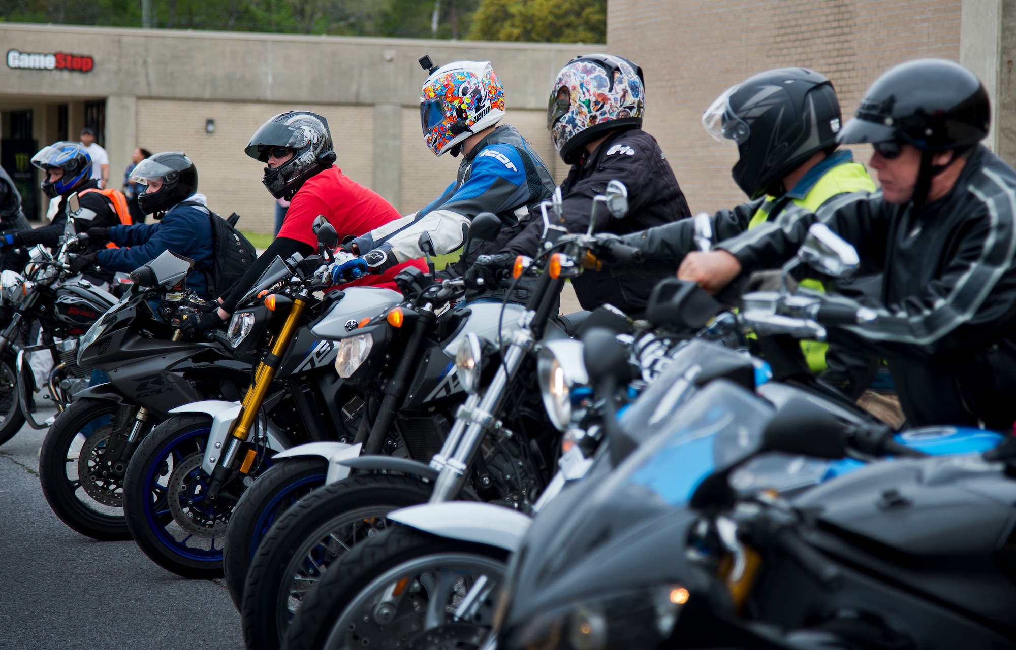 Bikers wait to begin their group ride after the base’s annual motorcycle safety rally April 15 at Eglin Air Force Base, Fla.  More than 500 civilian and military riders rode in for the joint 53rd Wing/96th Test Wing event. (U.S. Air Force photo/Samuel King Jr.)