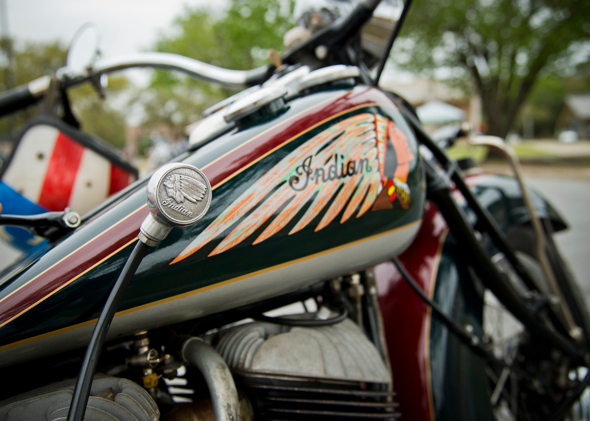 An old style-model Indian motorcycle sits at the base’s annual motorcycle safety rally April 15 at Eglin Air Force Base, Fla. More than 500 civilian and military riders rode in for the joint 53rd Wing/96th Test Wing event. (U.S. Air Force photo/Samuel King Jr.)