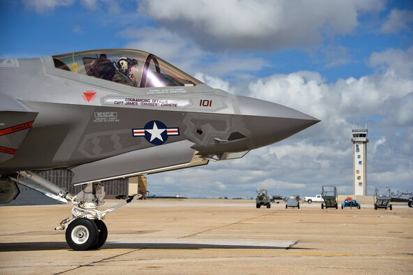 An F-35 aircraft arrives April 15 at Hill Force Base, Utah. The aircraft is the first Navy variant—designated “F-35C” —to arrive at the base where it will undergo depot modifications through the summer of 2016. The aircraft is assigned to U.S. Navy Strike Fighter Squadron 101 (VFA-101), Eglin AFB, Florida. (U.S. Air Force photo by R. Nial Bradshaw)