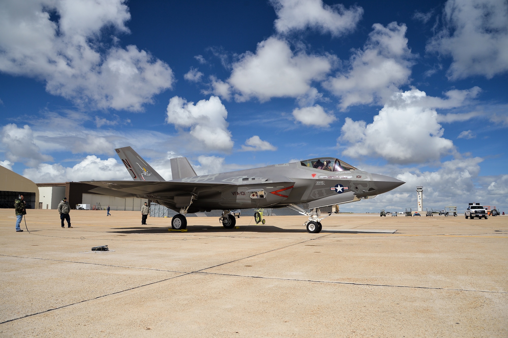 An F-35 aircraft arrives April 15 at Hill Force Base, Utah. The aircraft is the first Navy variant—designated “F-35C” —to arrive at the base where it will undergo depot modifications through the summer of 2016. The aircraft is assigned to U.S. Navy Strike Fighter Squadron 101 (VFA-101), Eglin AFB, Florida. (U.S. Air Force photo by R. Nial Bradshaw)
