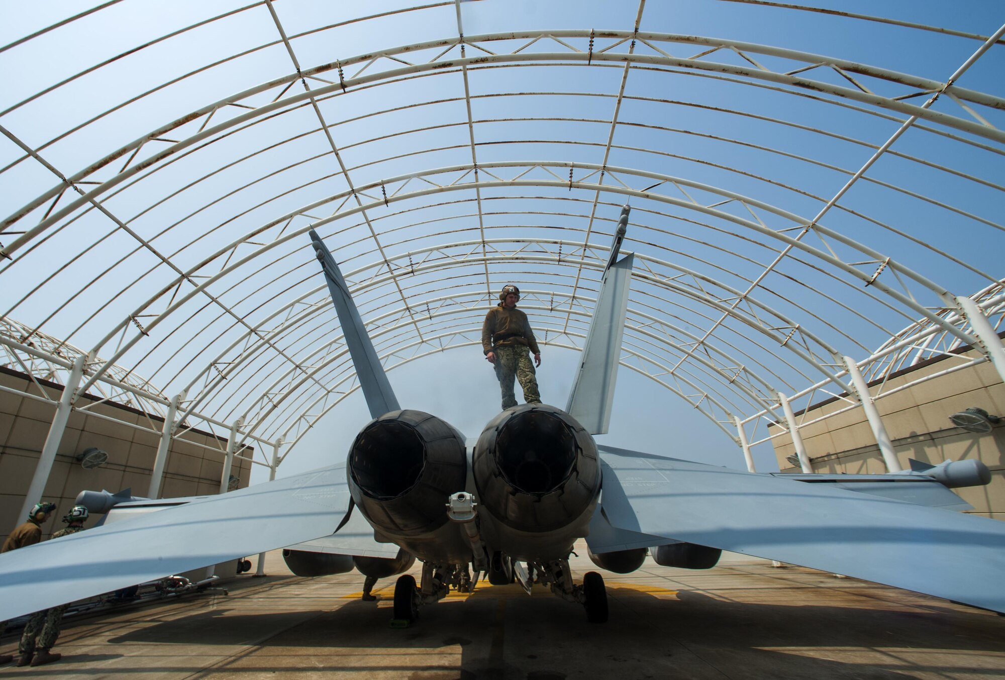 U.S. Navy Airman Austin Russem, assigned to the Electronic Attack Squadron 138, Whidbey Island, Wash., performs a preflight inspection on an EA-18 Growler during Max Thunder 16 at Kunsan Air Base, Republic of Korea, April 18, 2016. Max Thunder is part of a continuous exercise program to enhance interoperability between U.S. and Republic of Korea forces. (U.S. Air Force photo/Staff Sgt. Nick Wilson)