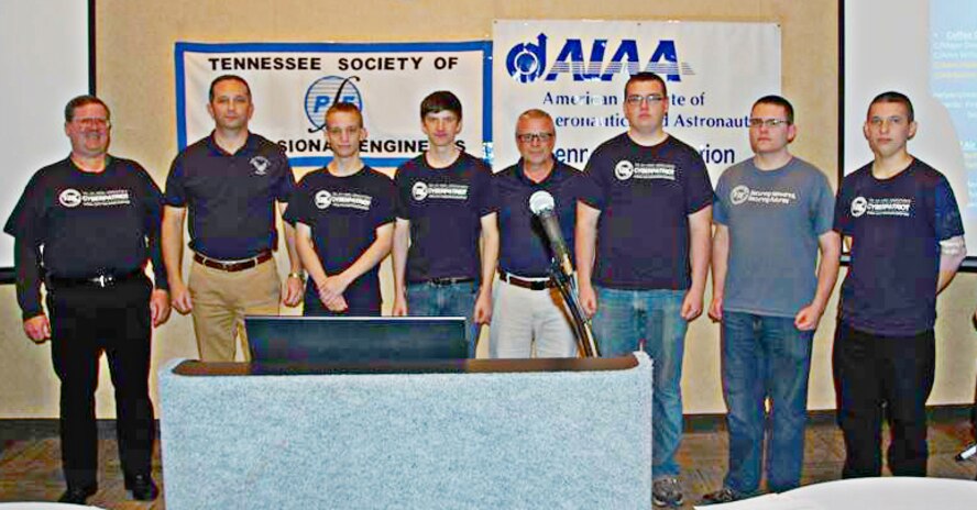 The Coffee County Central High School Air Force Junior ROTC CyberPatriot team, pictured here, are ranked second in Tennessee under the All Service Division Platinum category among 64 teams. Shown left to right is AEDC Mentor Michael Glennon; Coach Maj. Dave Clontz; team members Chad Dunn and Ryan Conaway; Mentor Master Sgt. Jim Loveland; and team members Dawson Carlton, Clay Whitt and Cacye Plaisance.