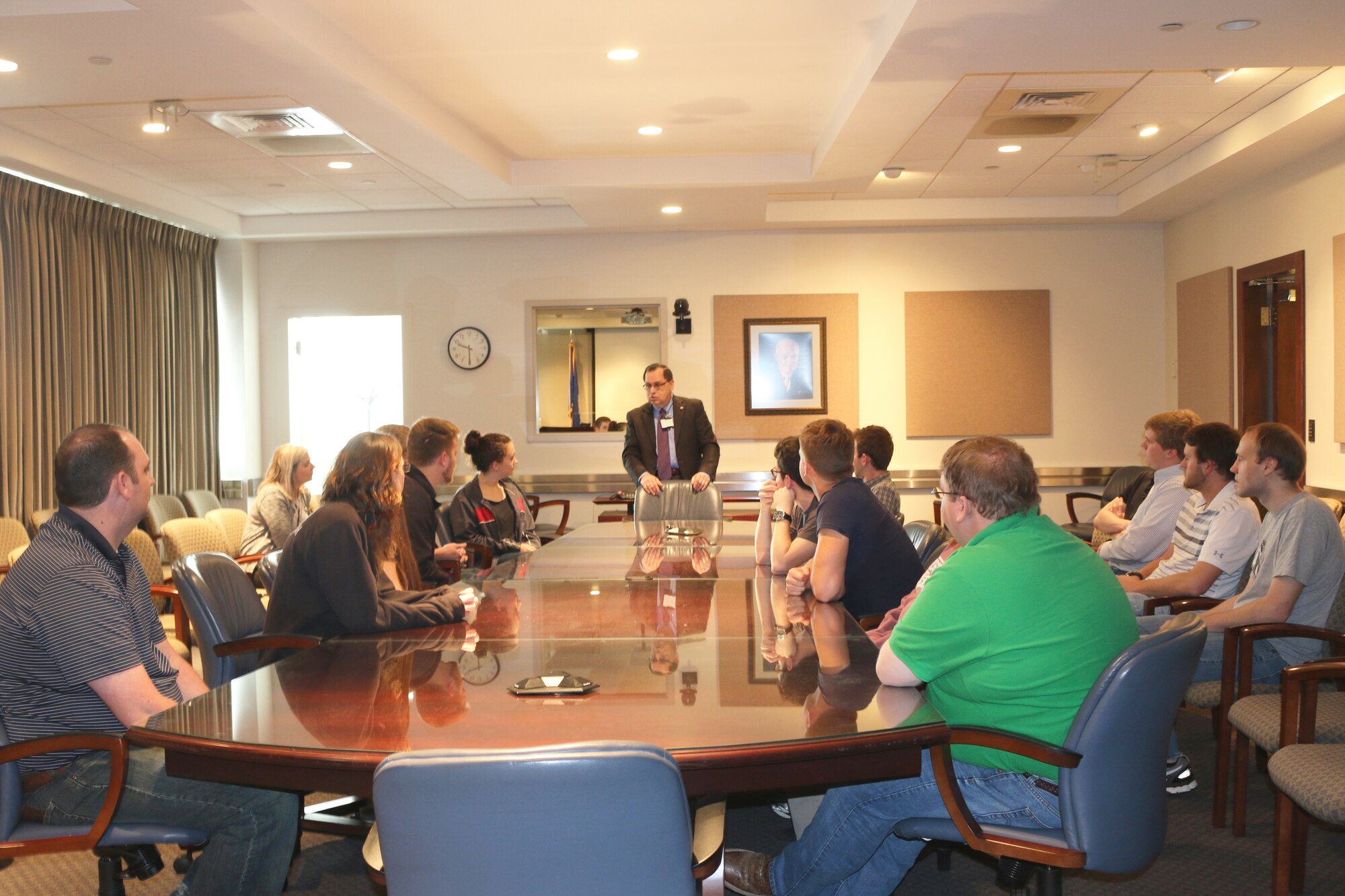 After attending the American Institute of Aeronautics and Astronautics conference in Huntsville, the AIAA chapter at Mississippi State University made a stop at AEDC April 6, 2016, to tour the different test facilities and learn about the wide array of job opportunities available at the Complex. For their first stop on base, the group was welcomed by Dr. Mark Mehalic, executive director of AEDC. (U.S. Air Force photo/Holly Fowler) 
