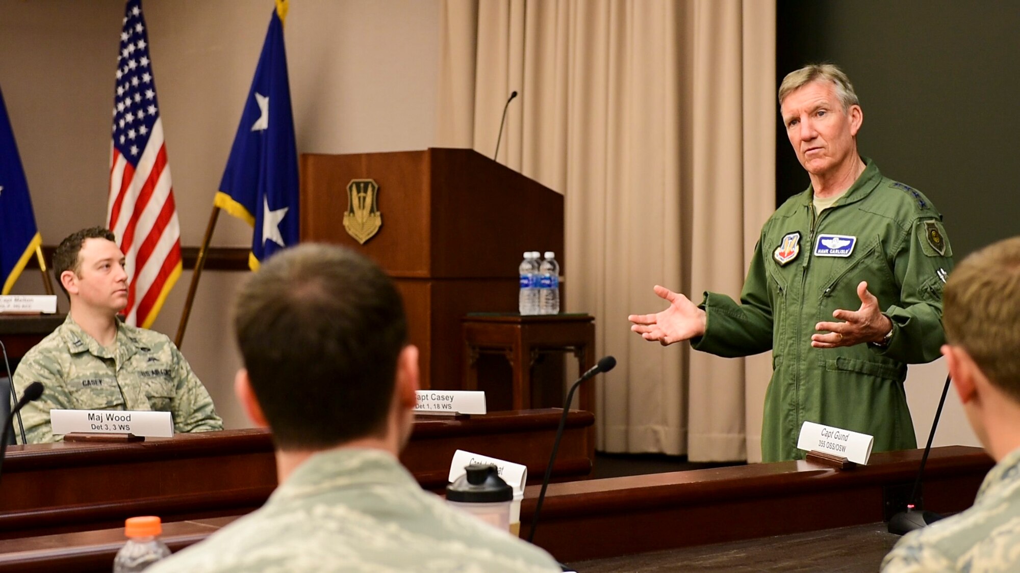 U.S. Air Force Gen. Hawk Carlisle, commander of Air Combat Command, speaks to an estimated 120 Airmen, consisting mostly of unit-level flight leaders from 55 units during the 2016 ACC Weather Conference held on Langley Air Force Base, Virginia on Mar. 8, 2016. 
