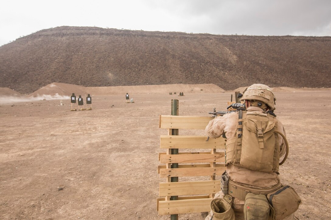 U.S. Marines with the 13th Marine Expeditionary Unit conduct a live-fire range with various weapon systems in Djibouti, Africa, Apr. 11, 2016. The 13th MEU is conducting sustainment training to maintain proficiency and combat readiness as part of the Boxer Amphibious Ready Group on a scheduled deployment to the Western Pacific area of responsibility. (U.S. Marine Corps photo by Cpl. Alvin Pujols/RELEASED)