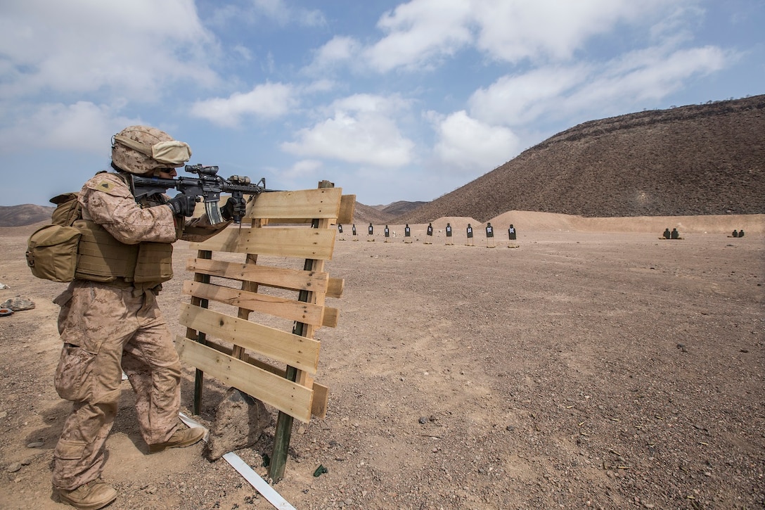 U.S. Marines with the 13th Marine Expeditionary Unit conducts a live-fire range with various weapon systems in Djibouti , Africa, Apr. 11, 2016. The 13th MEU is conducting sustainment training to maintain proficiency and combat readiness as part of the Boxer Amphibious Ready Group on a scheduled deployment to the Western Pacific area of responsibility. (U.S. Marine Corps photo by Cpl. Alvin Pujols/RELEASED)