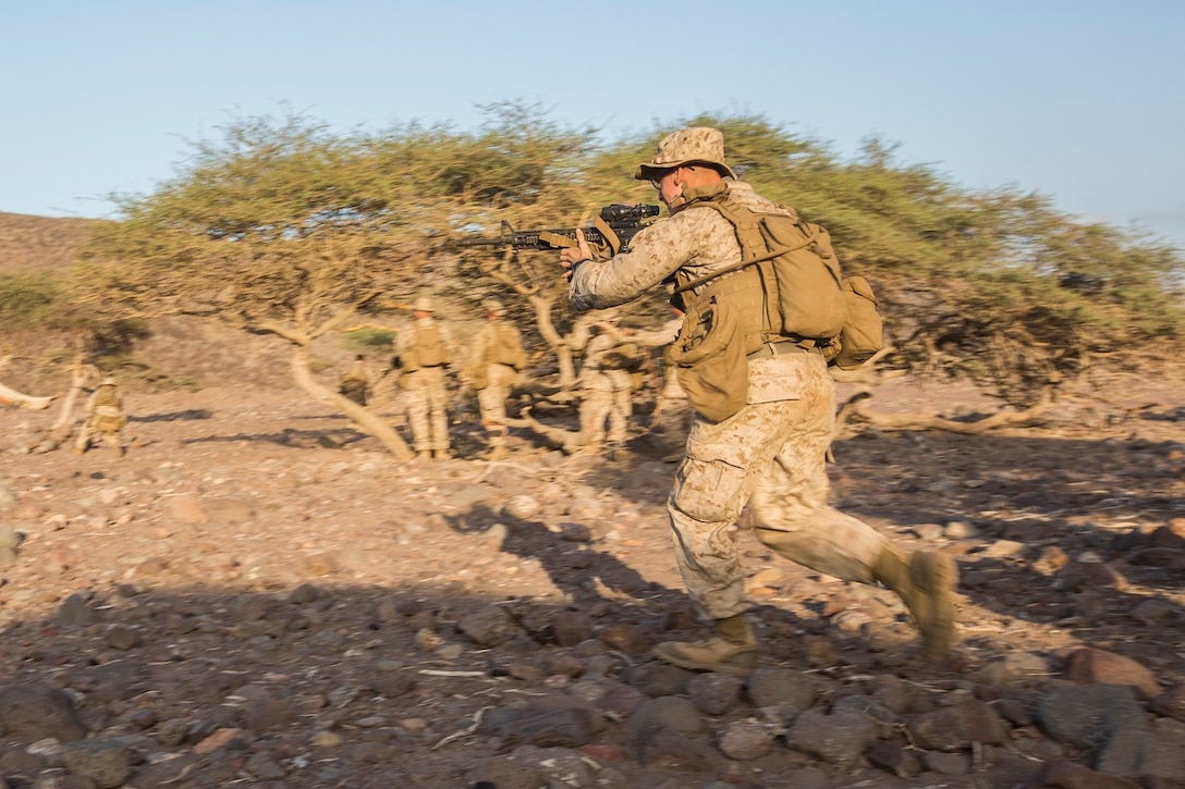 U.S. Marines with the 13th Marine Expeditionary Unit conduct basic marksmanship drills in Djibouti , Africa, Apr. 11, 2016. The 13th MEU is conducting sustainment training to maintain proficiency and combat readiness as part of the Boxer Amphibious Ready Group on a scheduled deployment to the Western Pacific area of responsibility. (U.S. Marine Corps photo by Cpl. Alvin Pujols/RELEASED)