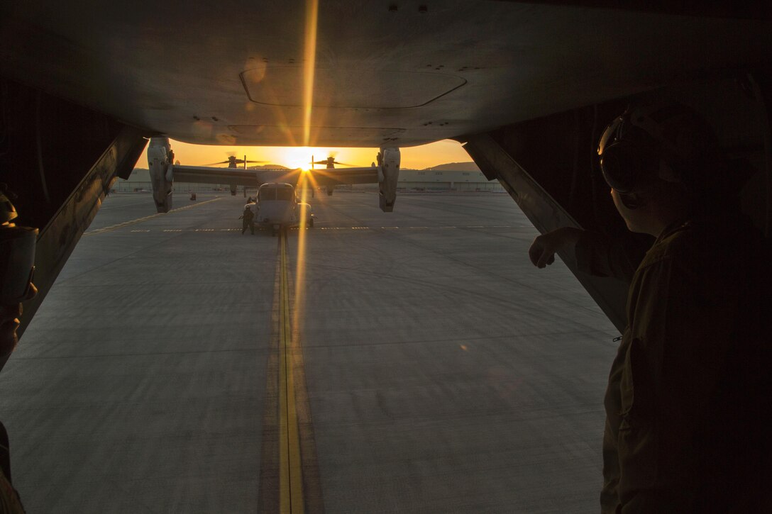 Marine Corps MV-22 Osprey aircraft arrive at Marine Corps Air Station Iwakuni, Japan, April 17, 2016, to support relief efforts following a devastating earthquake near Kumamoto, Japan. Marine Corps photo by Cpl. Samantha Villarreal