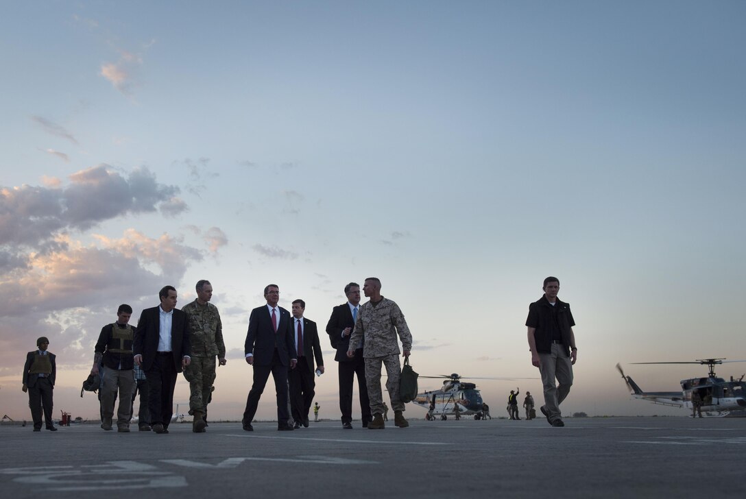 Defense Secretary Ash Carter, center, departs the Baghdad International Airport, April 18, 2016. DoD photo by U.S. Air Force Senior Master Sgt. Adrian Cadiz