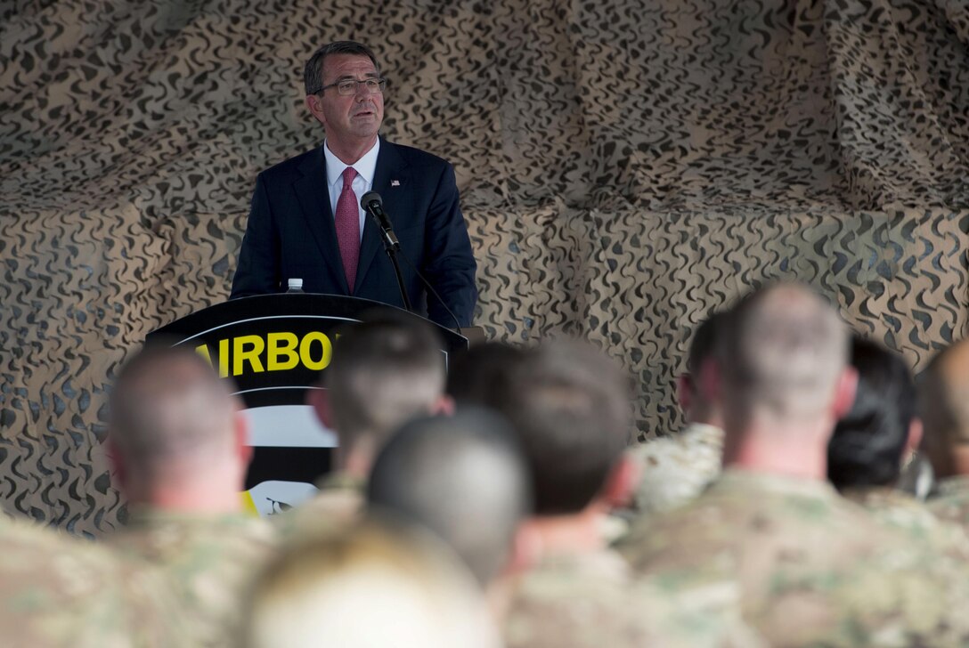 Defense Secretary Ash Carter speaks to service members deployed to Iraq at the Baghdad International Airport, April 18, 2016. DoD photo by U.S. Air Force Senior Master Sgt. Adrian Cadiz
