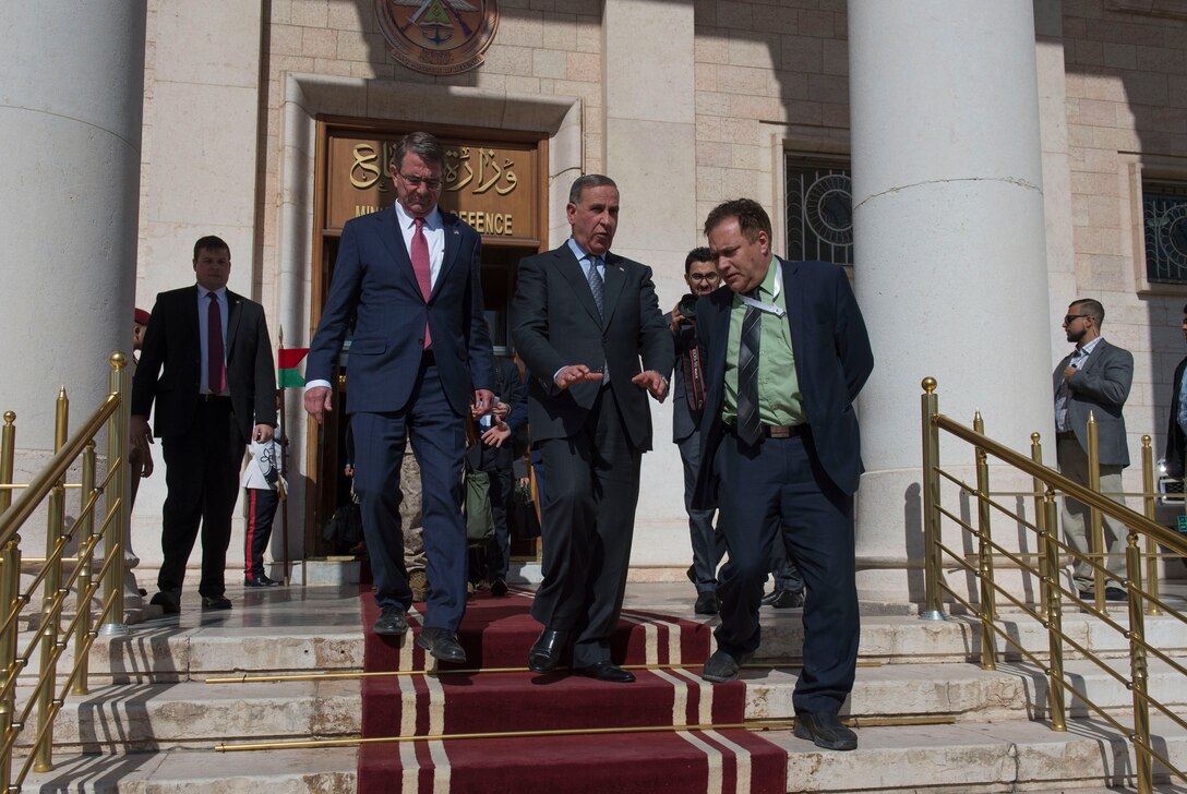 Defense Secretary Ash Carter walks with Iraqi Minister of Defense Khaled al-Obaidi, center, following meetings in Baghdad, April 18, 2016.  DoD photo by U.S. Air Force Senior Master Sgt. Adrian Cadiz