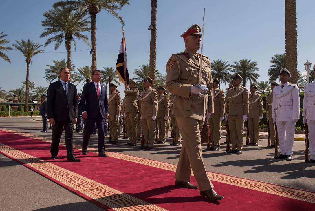 Defense Secretary Ash Carter, right, conducts a troop review with Iraqi Minister of Defense Khaled al-Obaidi during an Iraqi honor guard ceremony welcoming Carter as he arrives in Baghdad, April 18, 2016. DoD photo by U.S. Air Force Senior Master Sgt. Adrian Cadiz