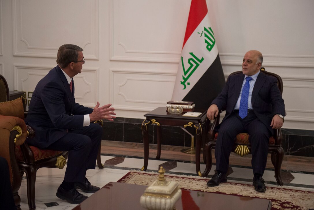 Defense Secretary Ash Carter meets with Iraqi Prime Minister Haider al-Abadi in Baghdad, April 18, 2016. DoD photo by U.S. Air Force Senior Master Sgt. Adrian Cadiz