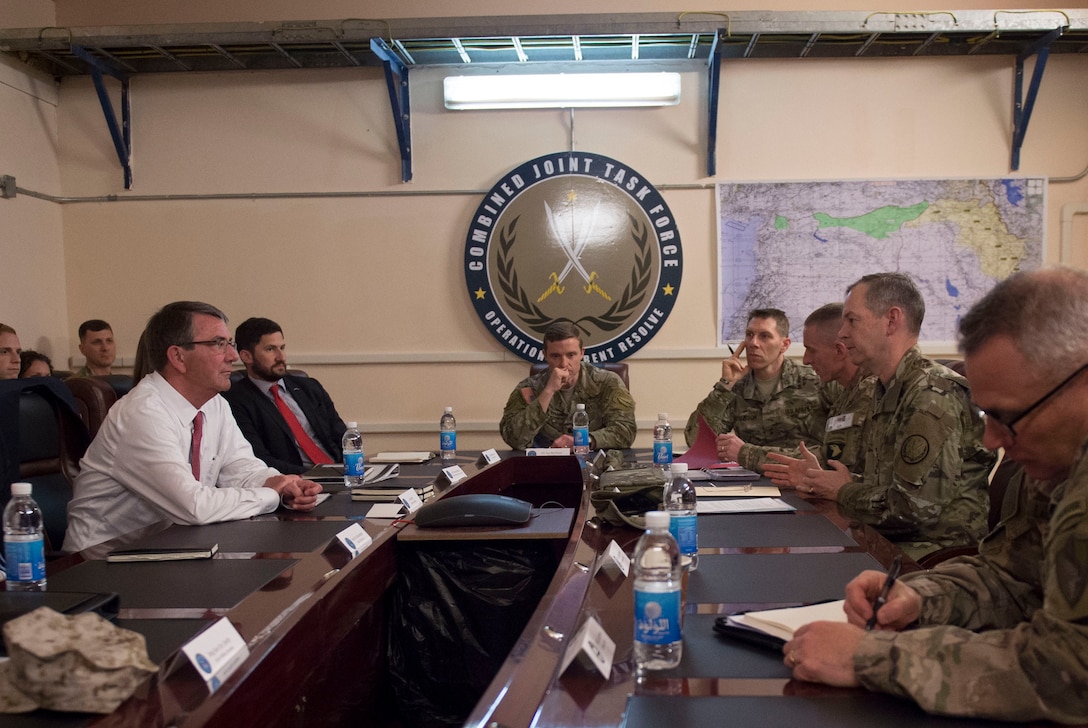 Defense Secretary Ash Carter meets with Army Lt. Gen. Sean MacFarland, commander of Combined Joint Task Force Operation Inherent Resolve, at the OIR headquarters in Baghdad, April 18, 2016. DoD photo by U.S. Air Force Senior Master Sgt. Adrian Cadiz