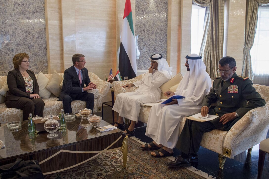 Defense Secretary Ash Carter meets with Crown Prince and deputy supreme commander of the United Arab Emirates armed forces Mohammed bin Zayed in Abu Dhabi to discuss matters of mutual importance during his visit to the United Arab Emirates, April 19, 2016. DoD photo by Air Force Senior Master Sgt. Adrian Cadiz