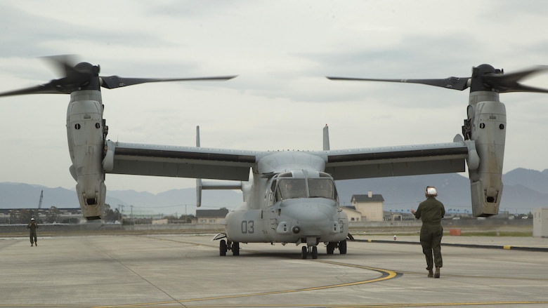 MV-22B Ospreys with Marine Medium Tiltrotor Squadron 265 (Reinforced), 31st Marine Expeditionary Unit arrived at Marine Corps Air Station Iwakuni, Japan, April 18, 2016 to work with the Japanese Ground Self Defense Force to distribute relief supplies after a series of earthquakes struck the island of Kyushu. 