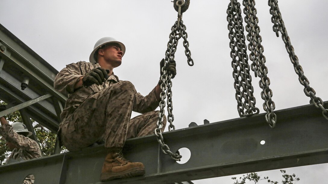 Sgt. Chris Piette secures a transom of a Bailey bridge at Marine Corps Base Camp Pendleton, California, April 13, 2016. Piette is a combat engineer with 7th Engineer Support Battalion, I Marine Logistics Group, and is a De Pere, Wisconsin native. The bridge provides mobility during times of flooding and severe rain.