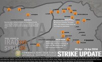 Combined Joint Task Force - Operation Inherent Resolve conducted 140 strikes this week, 115 strikes in Iraq and 25 strikes in Syria from Apr. 9 - Apr. 15, 2016.

 - On April 9th near Ar Raqqah, Syria, one strike destroyed two ISIL oil pump jacks. 

 - On April 12th near near Mosul, Iraq, two strikes struck two separate ISIL tactical units and destroyed four ISIL assembly areas and an ISIL fighting position. 

- And on April 15th, near Mar’a, Syria, three strikes struck three separate ISIL tactical units and destroyed two ISIL fighting positions.