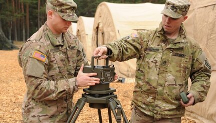 1st. Lt. Brice Masterson, and Sgt. 1st Class Charles Smith, 1st Battalion, 119th Field Artillery, Michigan Army National Guard, set up the M67 GLPS, gun laying and positioning system, on April 17, 2016, as part of exercise Summer Shield XIII, at Adazi Training Center, Latvia. Soldiers of the 1-119th FA deployed to Latvia for a multinational fires and effects training exercise. Latvia and Michigan have trained together through the State Partnership Program for 24 years. 