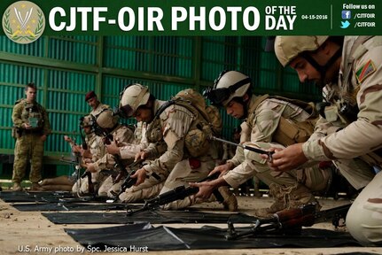 Iraqi soldiers with the 4th Battalion, 23rd Iraqi Army Brigade, practice disassembling their AK-47 assault rifles for a skills evaluation at Camp Taji, Iraq, March 28, 2016. Task Group Taji conducted the skills evaluation to gauge the soldiers’ proficiency in basic combat tasks. Through advise and assist, and building partner capacity missions, the Combined Joint Task Force – Operation Inherent Resolve’s multinational coalition has trained more than 19.9K personnel to defeat the Islamic State of Iraq and the Levant.