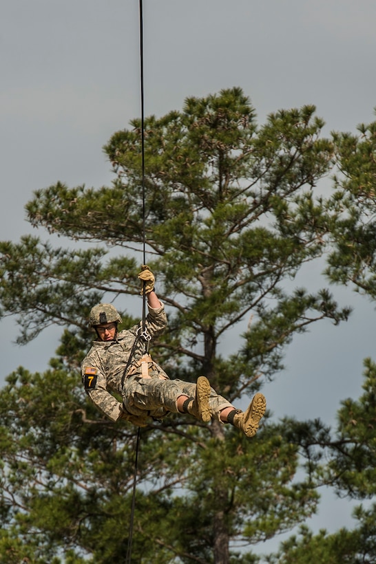 First Lieutenant (USA) Benjamin Jebb rappels down a rope in the 33rd annual David E. Grange, Jr. Best Rangers Competition (BRC) 2016 in Fort Benning, Georgia (USA), on April 16, 2016.

Photo: Cpl Alana Morin, Canadian Forces Joint Imagery Centre
RE16-2016-0004-03