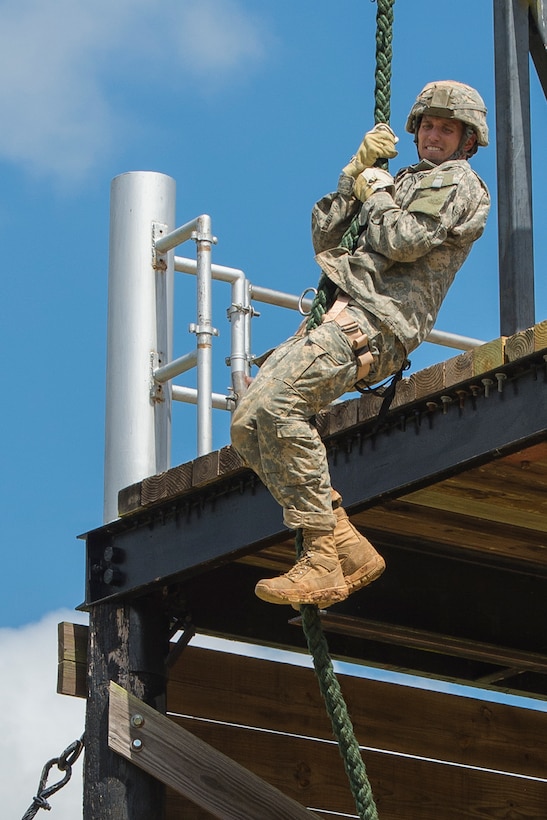 First Lieutenant (USA) Timothy Nelson of the 1st Infantry Division descends down a rope in the 33rd annual David E. Grange, Jr. Best Rangers Competition (BRC) 2016 in Fort Benning, Georgia (USA), on April 16, 2016.

Photo: Cpl Alana Morin, Canadian Forces Joint Imagery Centre
RE16-2016-0004-04