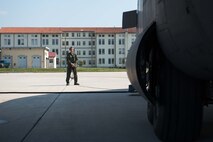 Senior Airman Alec Miller, a loadmaster from the 96th Airlift Squadron, prepares for departure from Aviano AB, Italy, in support of Exercise Saber Junction. (U.S. Air Force photo by Staff Sgt. Trevor Saylor)