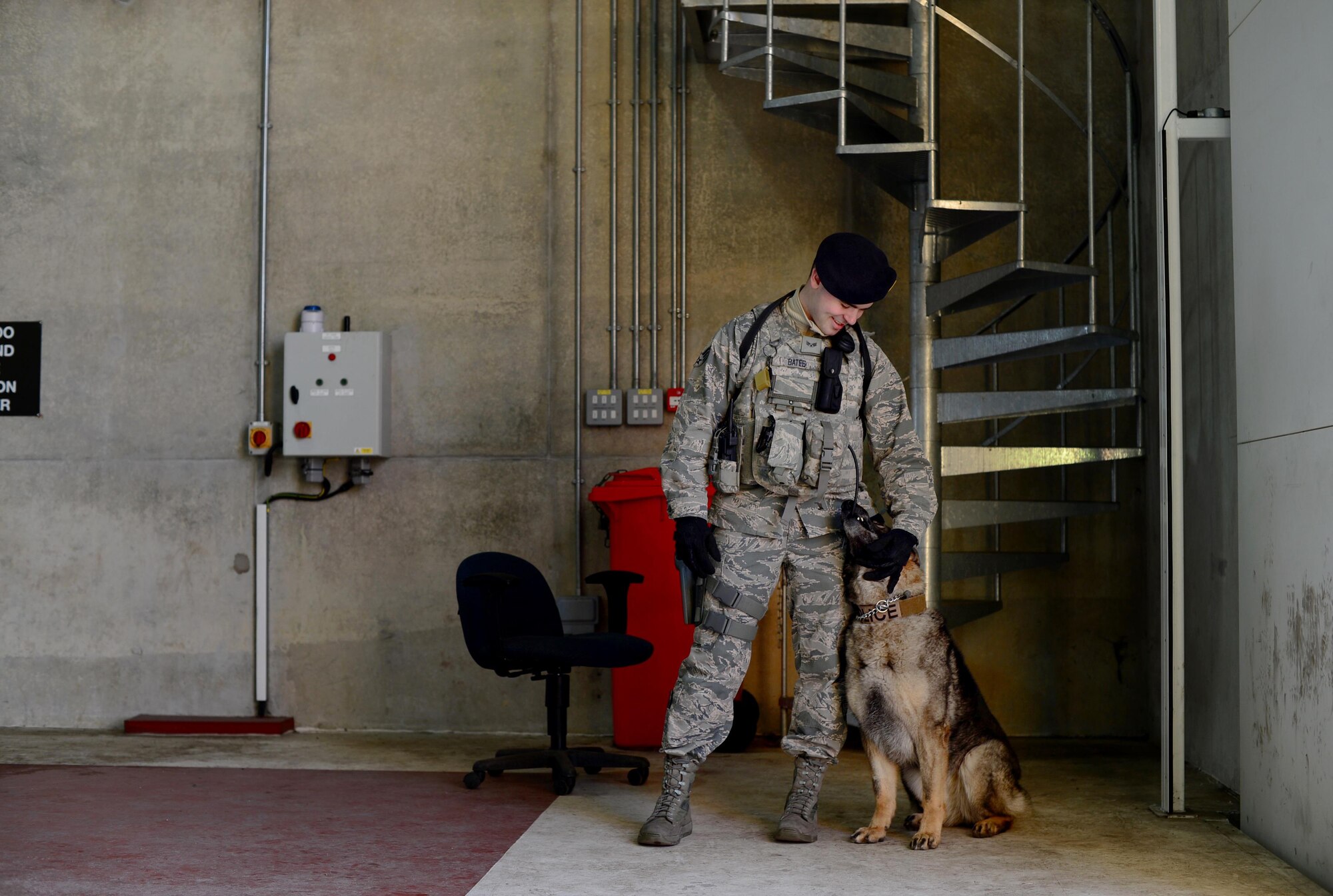 Senior Airman Bryce Bates, a 48th Security Forces Squadron military working dog handler, interacts with his teammate, Gina, before a vehicle inspection at Royal Air Force Lakenheath, England, April 11, 2016. Bates has been providing additional care for Gina after a cancerous tumor was recently removed from her mouth. (U.S. Air Force photo/Senior Airman Erin Trower)