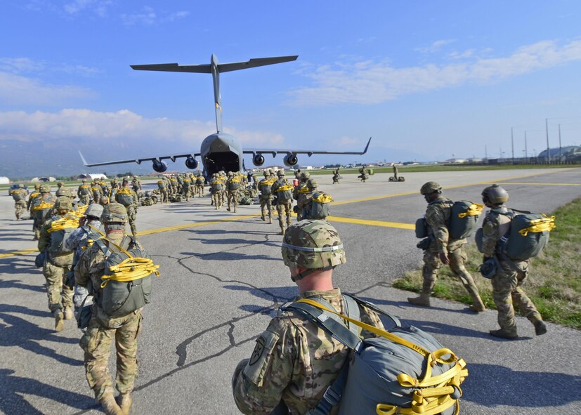U.S. Army Paratroopers of the 173rd Airborne Brigade board a Charleston C-17 Globemaster III during large-scale airborne operations at Exercise Saber Junction 16 on the Maneuver Rights Area near Hohenfels, Germany, April 12, 2016. Over 1000 paratroopers and multiple Container Delivery Systems bundles were deployed to provide initial logistical support for follow on missions. Saber Junction 16 will evaluate and assess the readiness of the U.S. Army's 173rd Airborne Brigade to conduct land operations in a joint, combined environment and to promote interoperability with participating Allied and partner nations. Countries participating in the exercise include Albania, Armenia, Bosnia and Herzegovina, Bulgaria, Hungary, Italy, Latvia, Lithuania, Macedonia, Moldova, Romania, Serbia, Slovenia, Sweden, the United Kingdom and the United States. (U.S. Army photo by Visual Information Specialist Gertrud Zach)